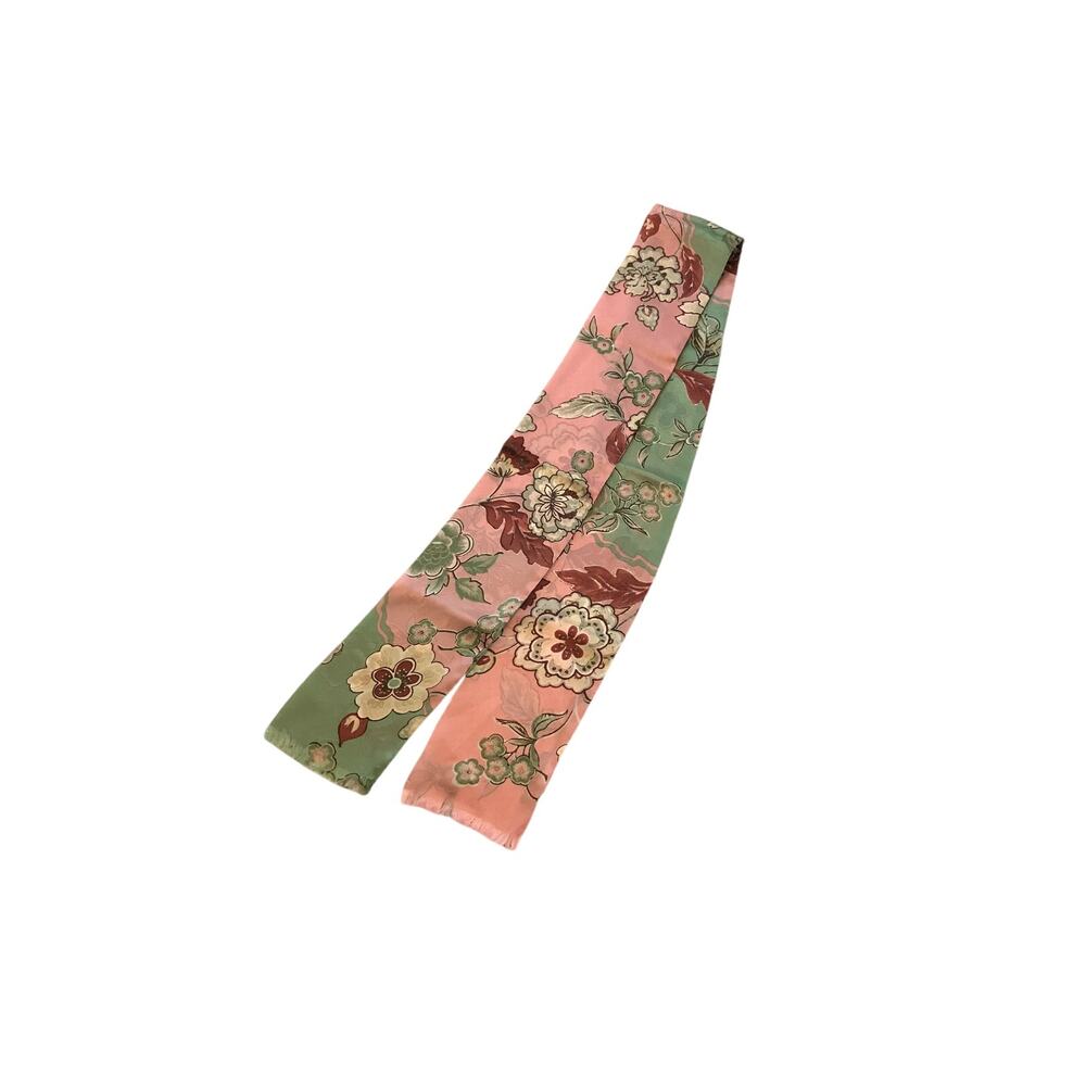 Vintage Pink Green Scarf Floral Polyester Lightweight Rectangular Fringe Hem
